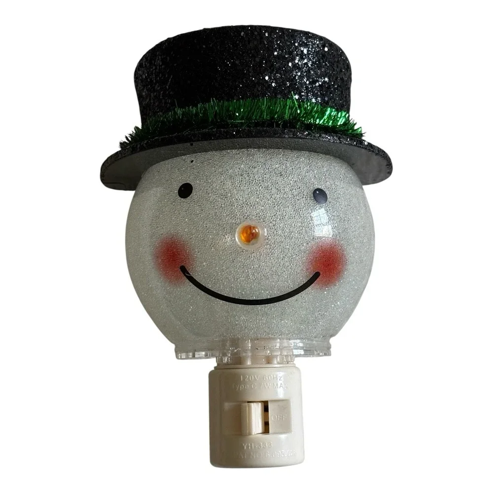 Vintage Snowman Plug-In Night Light Hard Plastic Glitter Top Hat On/Off Switch